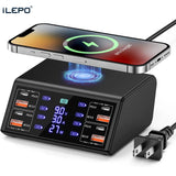 120W 8 Ports USB Charger Station With Wireless Charging Digital Display Screen QC3.0 PD3.0 Quick Charge For iPhone 15 14 Xiaomi